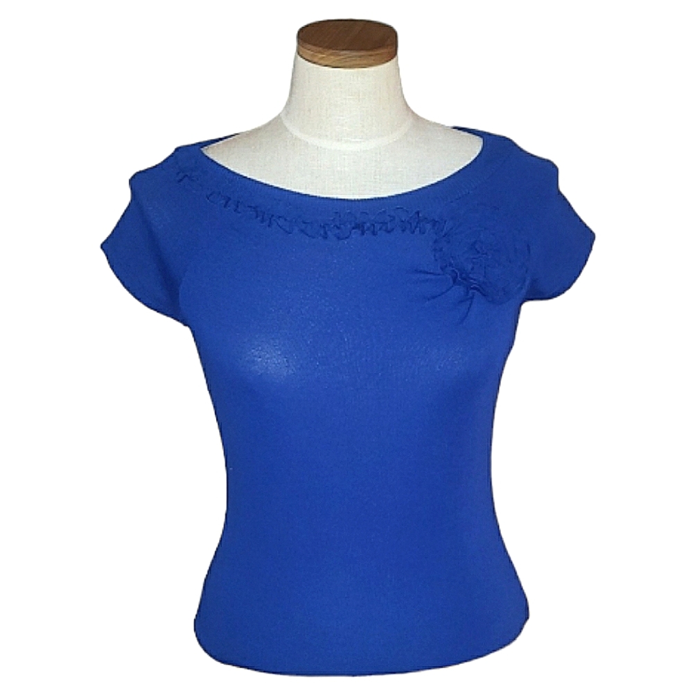 Cable & Gauge Rosette Ruffle Boat Neck Flower Cap Short Sleeve Oceana Top SP NWT